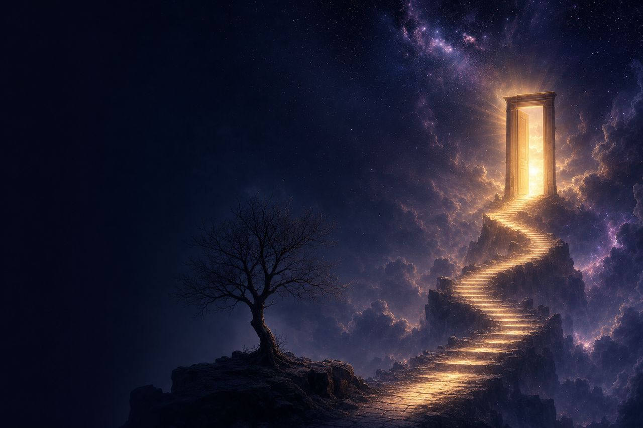 Eine leuchtende Treppe steigt durch einen Sternenhimmel zu einer offenen, hell erleuchteten Tür empor.