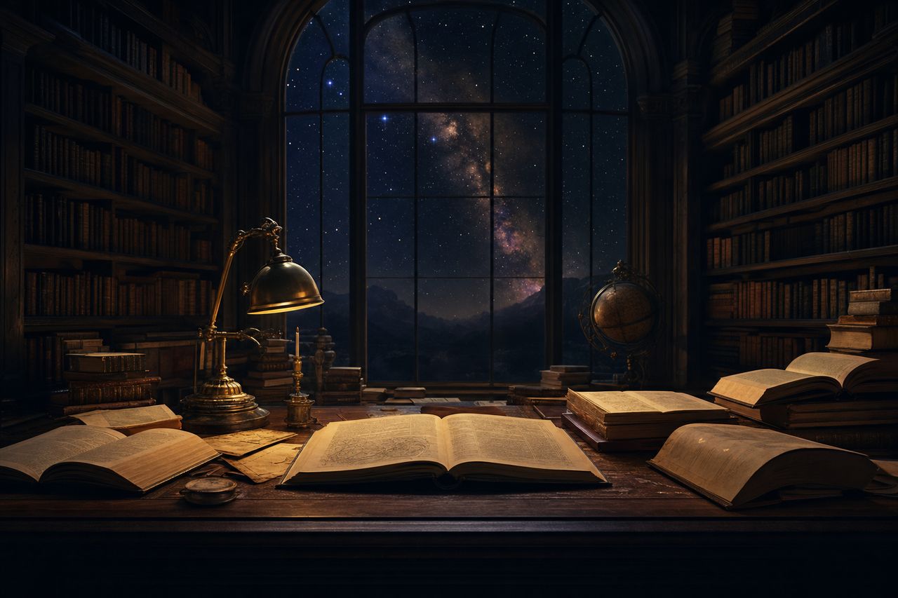 Ein Schreibtisch voller aufgeschlagener Bücher unter einer Leselampe vor einem hohen Fenster mit Sternenhimmel.
