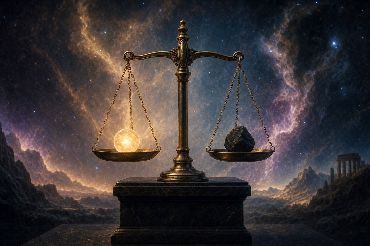 Eine Balkenwaage wägt ein leuchtendes Lichtkügelchen gegen einen dunklen Stein vor kosmischem Hintergrund.